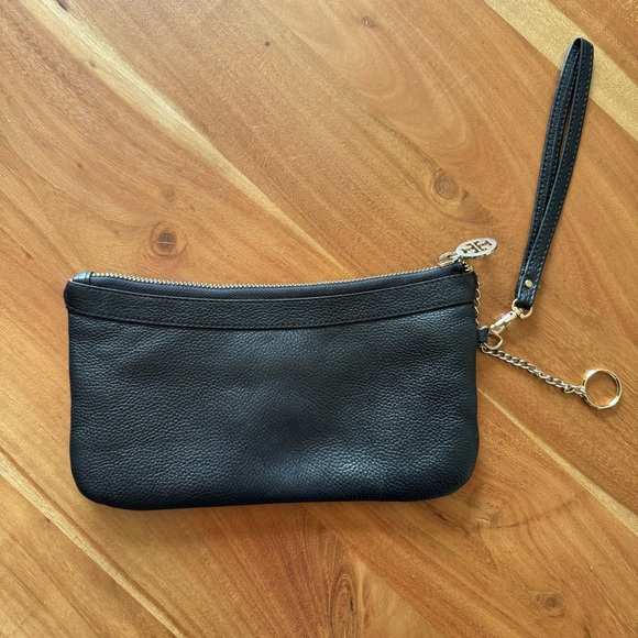 Tory Burch Black Leather Wristlet w/ Gold Logo | Classic Zip Pouch - Picture 7 of 7